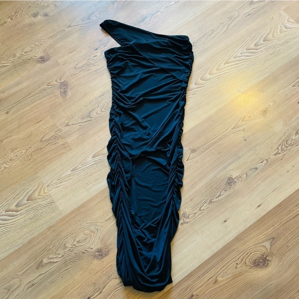 Fashion Nova black slinky dress Medium body con one shoulder night out club long